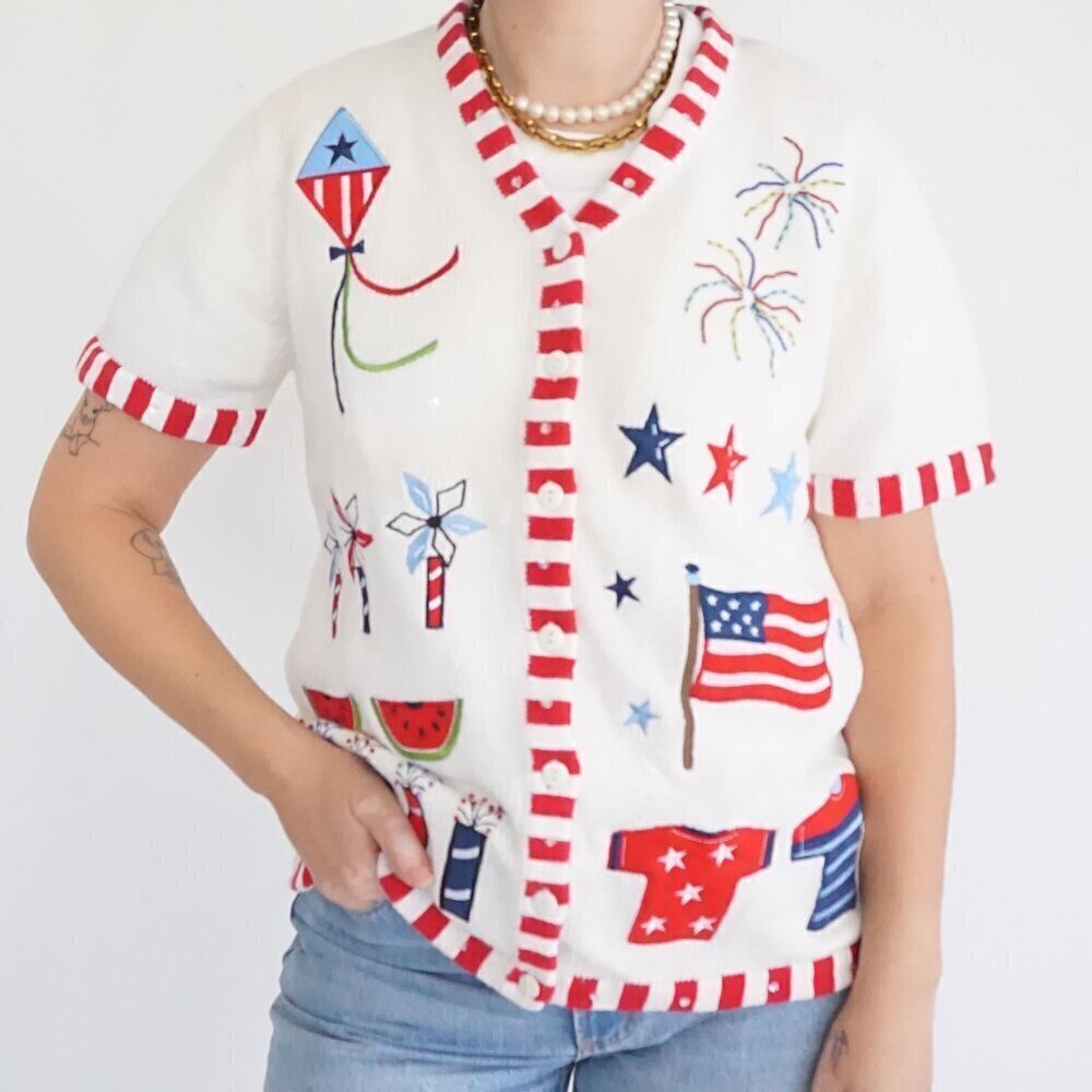 The Quacker Factory White Knit Red Patriotic USA Independence Day Cardigan S